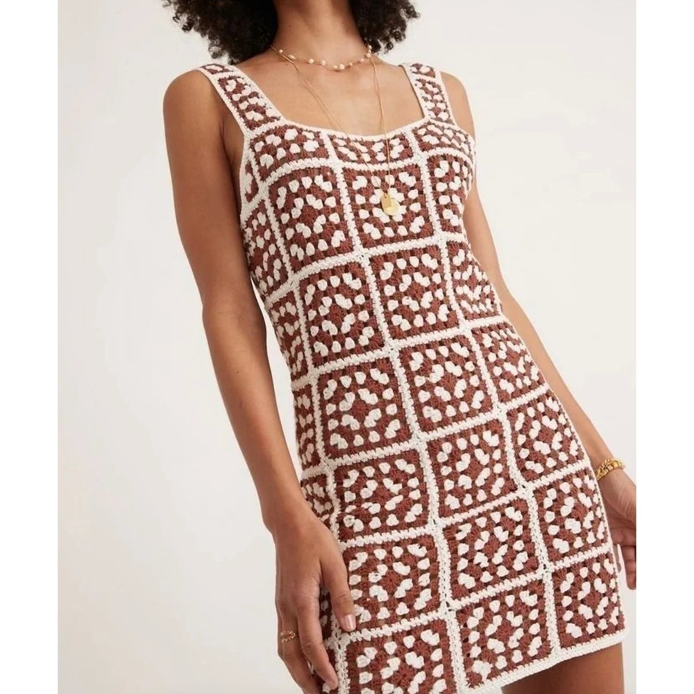 Marine Layer Celeste Crochet Dress Brown Cream Open Weave Square Neck Womens XS